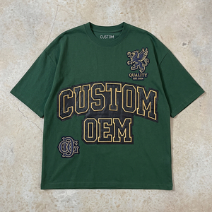 เสื้อยืดโอเวอร์ไซส์ทรงบ็อกซี่ ผ้าฝ้าย 100% 330 GSM ปักลายแบบแอพพลิเค ตกแต่งสไตล์วินเทจ ไหล่ตก แบบดิสเทรส รับผลิตตามแบบ OEM - Product Image 1