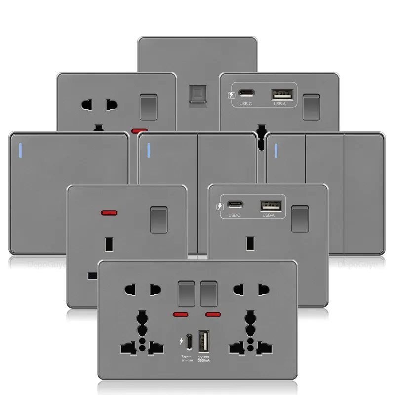 Large plate grey wall switch British African electrical switch socket 1Gang 3Way UK standard switch socket 13amp USB C socket