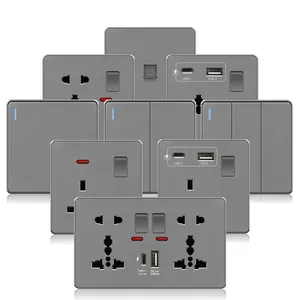 Large plate grey wall switch British African electrical switch socket 1Gang 3Way UK standard switch socket 13amp USB C socket