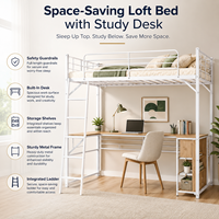 Lit mezzanine avec bureau et armoire, cadre de lit double en métal blanc avec poste de travail pour petite chambre et dortoir, aucun sommier tapissier nécessaire