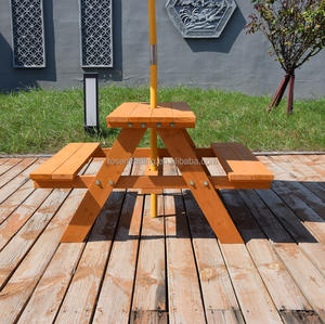 Conjunto de Mesa de Picnic de Madera con Sombrilla a Rayas – Banco de Comedor para Exteriores Resistente a la Intemperie con Protección Solar para Jardín - Product Image 2