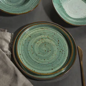 Vintage Green Glazed Plates Sets Dinnerware Restaurant Hotel Supplies Dinner Plates Rustic Ceramic Shallow Dishes Plates Set