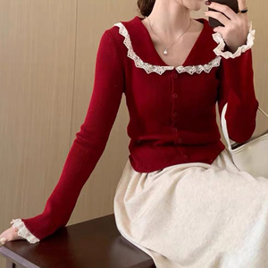 Cárdigan de Punto con Cuello Nuevo, Manga Larga y Parches de Encaje para Mujer, Otoño e Invierno - Product Image 2