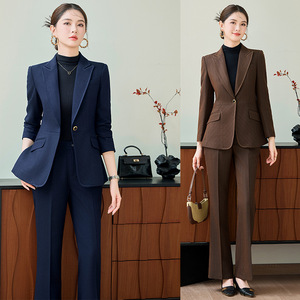 Women's Suit Set Viscose Fiber Anti-Wrinkle Office Lady Style Navy Blue Brown Elegant Business Wear for Interviews and - Product Image 1
