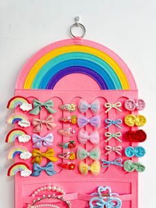 Organizer Aksesoris Rambut Gantung Dinding Lipat Dua Tingkat Motif Pelangi untuk Anak Perempuan, Tempat Penyimpanan Jepit Rambut, Bando, dan Scrunchie untuk Lemari - Product Image 2