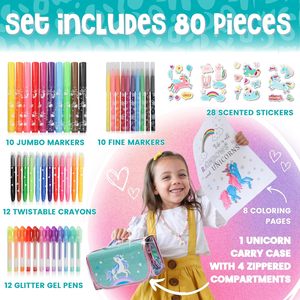 Kit d'art <span class=keywords><strong>Licorne</strong></span> Arc-en-ciel pour Enfants, 80 Pièces, Ensemble d'Art Deluxe, Marqueurs Lavables, Crayons Torsadables, Stylos Pailletés, Livre de Coloriage, Coffret Cadeau - Product Image 3