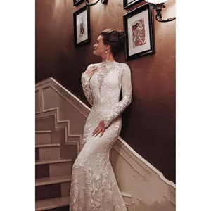 Latest Beautiful Lace Applique Bridal Wedding Dress Fashion Long Sleeve Mermaid Wedding Dress
