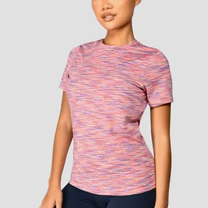 Kadın kısa kollu açık renk atletik Tee streç nefes kumaş naylon Spandex egzersiz renkli T Shirt