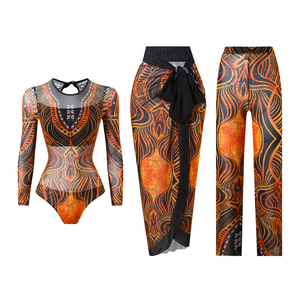 Stok 2026 9 warna cetak Wanita 3 potong pakaian renang lengan panjang Mesh baju renang pantai sarung celana panjang Set ukuran besar pakaian pantai S-2XL - Product Image 4