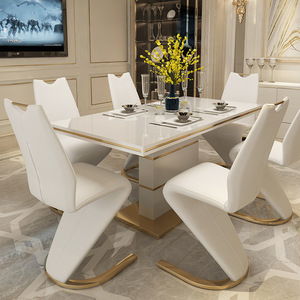 Juego de Mesa <span class=keywords><strong>y</strong></span> Sillas de Comedor de Lujo Moderno con Cubierta de Mármol, Estructura de Acero Inoxidable, Impermeable, Diseño Rectangular para 6 Personas - Product Image 1