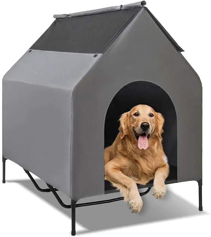 Casa de perro elevada con marco de acero, refugio para mascotas con puerta impermeable para perros pequeños y medianos, refugio con rejillas de ventilación, cuna para perros