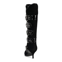 2024 femmes marque bottes talons bas Super bout pointu boucle de ceinture talon genou haute hiver mode bottes