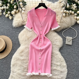 Nouvelle robe d'été pour femmes, col rabattu, manches courtes, boutons décoratifs, robe en tricot - Product Image 2