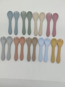 Set cucchiaio <span class=keywords><strong>e</strong></span> forchetta per l'alimentazione del bambino in Silicone per bambini stoviglie di sicurezza alimenti complementari accessori per piatti - Product Image 6