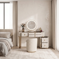 Coiffeuse de luxe moderne blanche et or avec 5 tiroirs, miroir rond LED et tabouret matelassé - Ensemble table de maquillage pour chambre à coucher