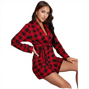 Ensemble de pyjama et peignoir thermique à carreaux rouges pour femme, manches longues, ODM, hiver, automne, été, vêtements de maison luxueux, nouveauté - Product Image 3