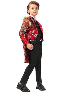 Mode garçons vêtements <span class=keywords><strong>Blazer</strong></span> gilet pantalon ensemble Jacquard <span class=keywords><strong>noir</strong></span> rouge garçon costume ensembles Performance queue costume - Product Image 5
