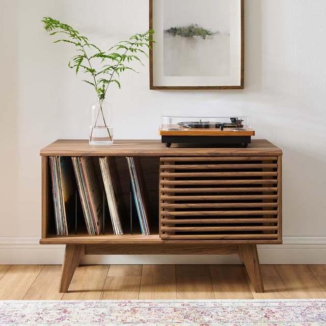 AJUNION Versatile Vinyl Record Display Stand Walnut Wood Record Player Stand with Sliding Slatted Door