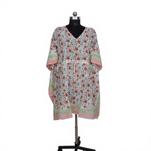 Vestido Kaftán Midi Informal para Mujer, Hecho a Mano en India, de Algodón Transpirable y Lavable, con Estampado Floral Vintage Romántico, Cuello en V, Corte Ajustado y Natural - Product Image 2