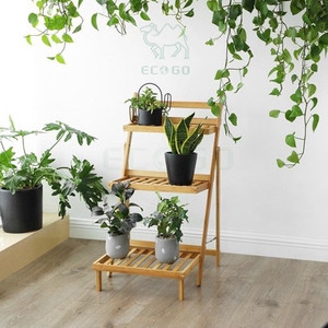 Support pour plantes en bois de bambou, échelle pour plantes, plateau pour plantes d'intérieur avec support debout à 3 niveaux - Product Image 2