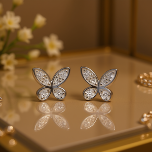 Orecchini E4210 a Farfalla Dorata con Diamanti, Taglio Brillante Rotondo, Colore G Naturale, Stile Carino per Uso Quotidiano - Product Image 2