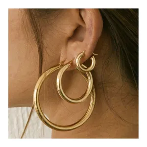 Geometric PVD Gold Plated Ladies Jewelry Stainless Steel Thick Hoop Earrings Wide Chunky CC Large Big Hoop Earrings For Women