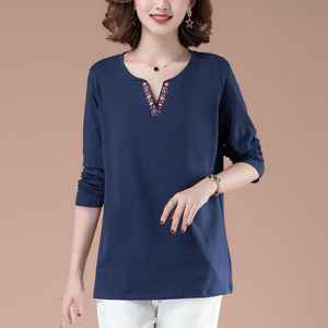 Women's Long Sleeve T-Shirt V-Neck Embroidered Loose Fit Base Layer <b>Top</b> For Middle Aged And Elderly Women Blue Color - Product Image 1