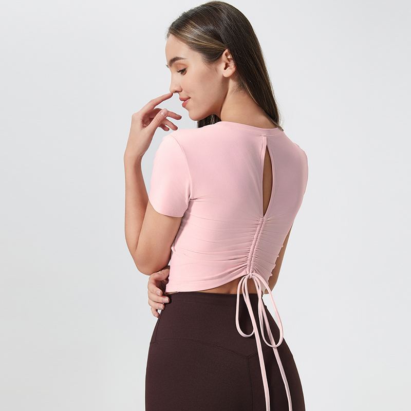 Womens Short Sleeve Crop Yoga Top NylonSpandex FourWay Stretch Moisture Wicking Breathable Quick Dry Workout Adjustable Back Tie