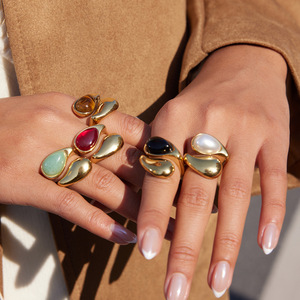 Teardrop Shape <b>Ring</b> 18k Gold Stainless Steel Pearl Inlay Asymmetrical <b>Opening</b> Unisex Jewelry For Any Occasion - Product Image 3