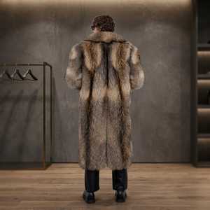 Stylish Men's Brown North Long Fox Fur Overcoat Parka with Lapel WoolSilk Material <b>Waterproof</b> Reversible Anti-Wrinkle Breathable - Product Image 2