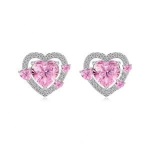 Dylam Sparkling S925 <b>Silver</b> Birthstone <b>Stud</b> <b>Earrings</b> for Women Heart Solitaire Pink 5A Zirconia <b>Stud</b> <b>Earrings</b> Great Gifts - Product Image 1