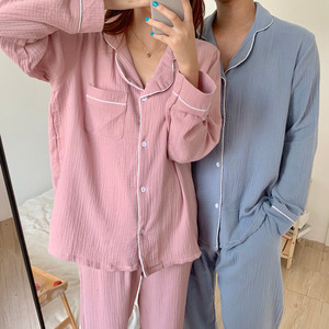 Szpan đôi gạc Muslin đồ ngủ 100% cotton đồ ngủ cho phụ nữ người đàn ông Crinkle hiệu ứng 2-mảnh thiết lập v-cổ dài tay áo thai sản - Product Image 6