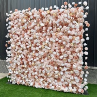 Großhandel 8ft X 8ft Rolle Pastellrosa Blau Weiß Gemischte Rosen-Blumenwand Hintergrund 3D Künstliche Seide+Stoff Blumenarrangement Valentinstag
