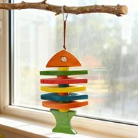 Jouets à mâcher pour perroquets de taille moyenne à petite, durables, fabriqués en Chine, en forme de poisson, blocs en bois avec longue corde pour divertissement et soulagement du stress du bec