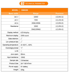 Pinza Amperimétrica Digital VICTOR DM6266 AC 1000A 1000V 50mm, Medidor de Voltaje, Corriente y Resistencia AC/DC, Multímetro Digital Económico - Product Image 4