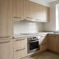Cuisine moderne modulaire écologique en bois massif et acier inoxydable avec évier et îlot central