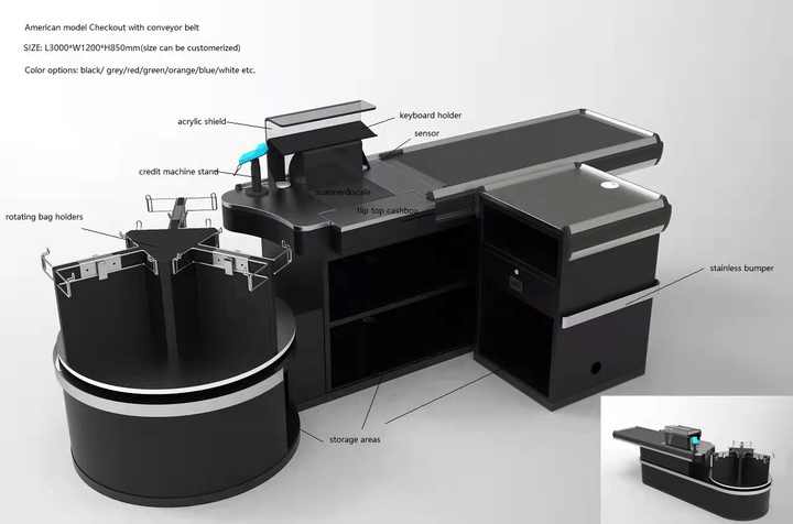 Pos Counter Design American Style Black Checkout Counter with POS System & OEM Options