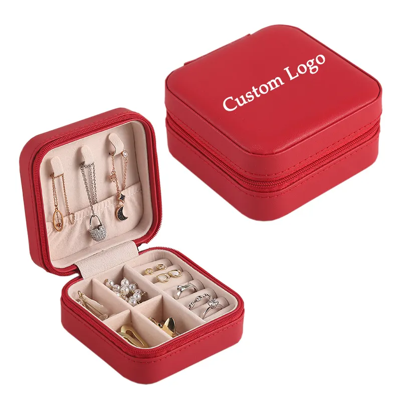 Boîte de voyage carrée avec logo personnalisé en gros petit bijoux étui à bijoux en cuir PU Joyero organisateur boucle d'oreille bague collier boîte-cadeau