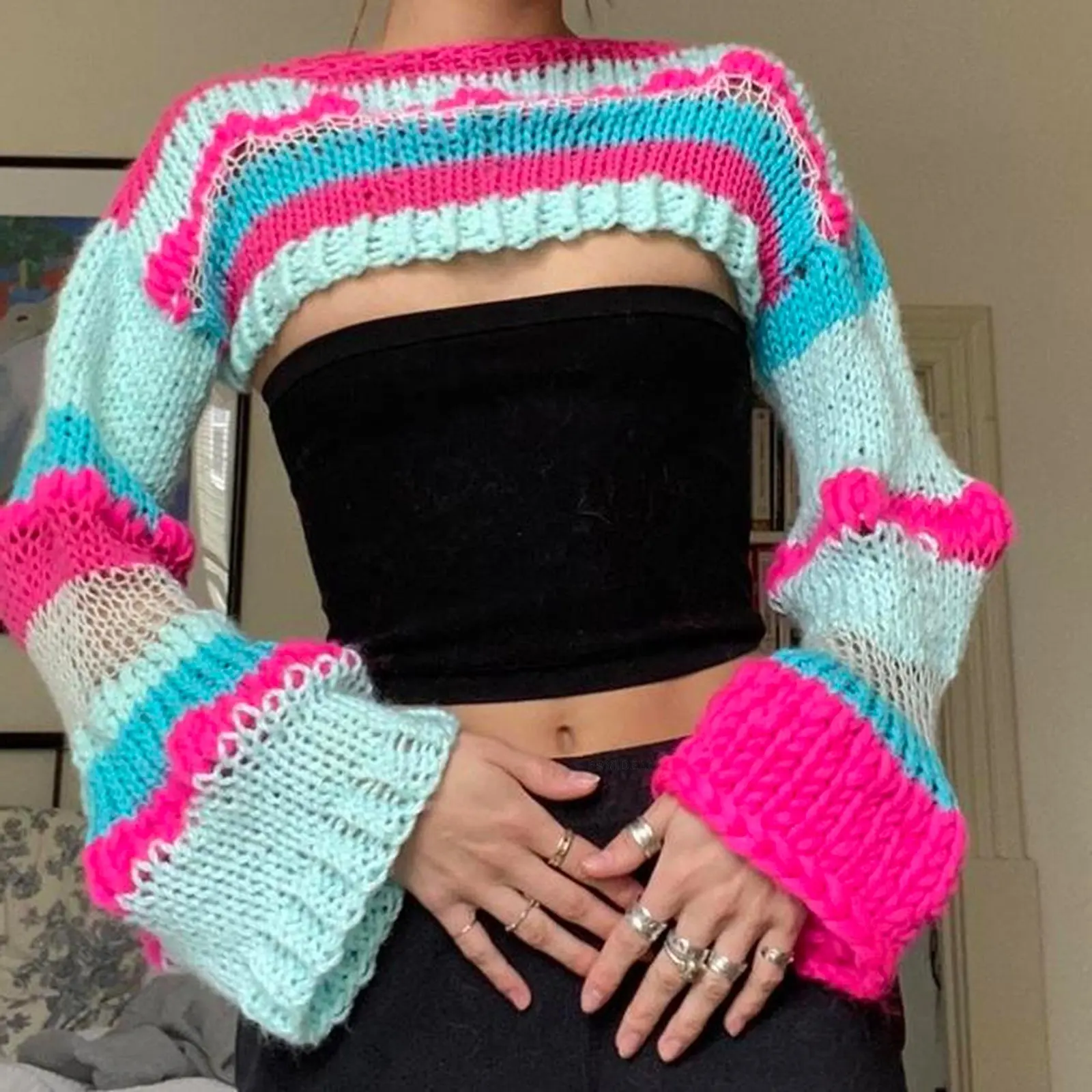 Women Hollow Out Vintage Y2K Aesthetic Long Sleeve Shrug Crop Top Crew Neck Colorful Striped Crochet Pullover Cropped Sweater