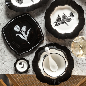 Luxury Retro Solid Pattern Flower Shape Stoneware Dinnerware Set Classic Europe Style Service Hotels Home Customizable Color - Product Image 3
