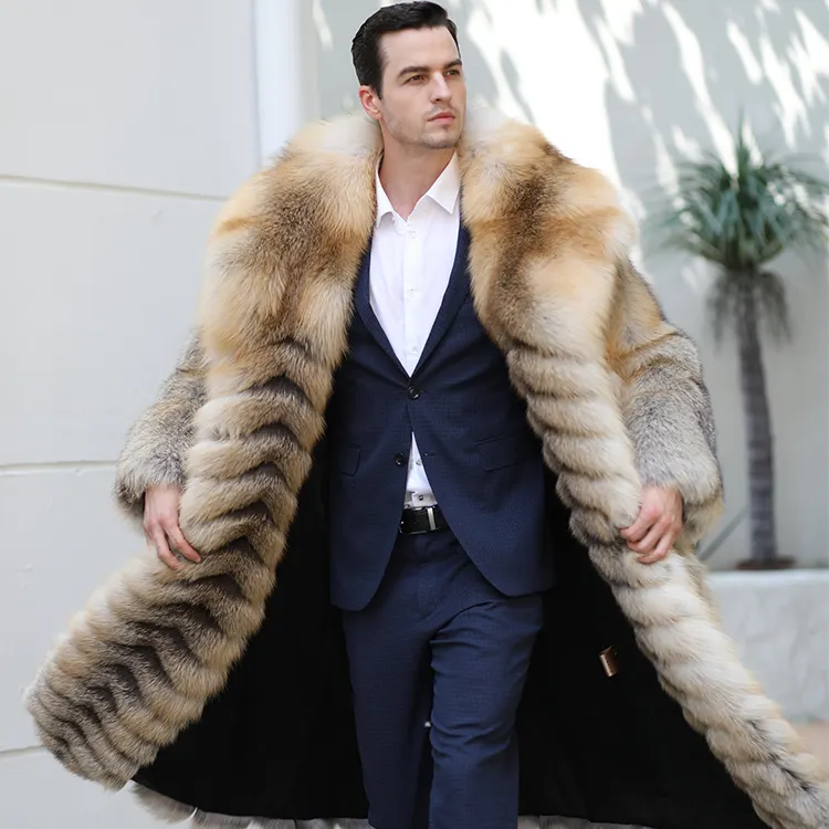 Golden Fox Fur Coat With Lapel Front Winter Men's Real Fur Long Jackets Plus Size Men Fur Coat