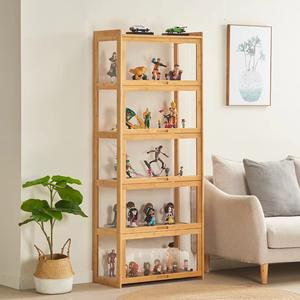 Vitrine en bambou massif à 5 niveaux avec portes en verre pour figurines, objets de collection, poupées, rangement de jouets et décoration intérieure - Product Image 1