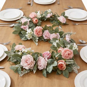 Guirlande de roses artificielles, feuilles roses, blanches et vertes, décorations de table et de chaises de mariage, style rotin 20233 - Product Image 3