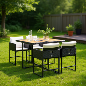 4 Seater Foldable Garden Dining Set <b>Black</b> Pe Rattan Metal <b>Frame</b> Outdoor Furniture Contemporary Style - Product Image 2