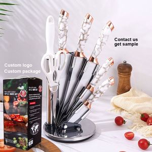 ชุดมีดครัว 9 ชิ้น ลายหินอ่อน ด้ามจับสแตนเลส สำหรับหั่นเนื้อ หั่นขนมปัง ปอกเปลือก และมีดเชฟ พร้อมแท่นอะคริลิคหมุนได้ - Product Image 1