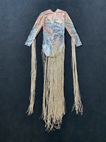 Justaucorps de scène avec imprimé de créateur, perles, strass et franges, tenue de danse exotique, tenue de strip-teaseuse, combinaison de scène, body pour femmes