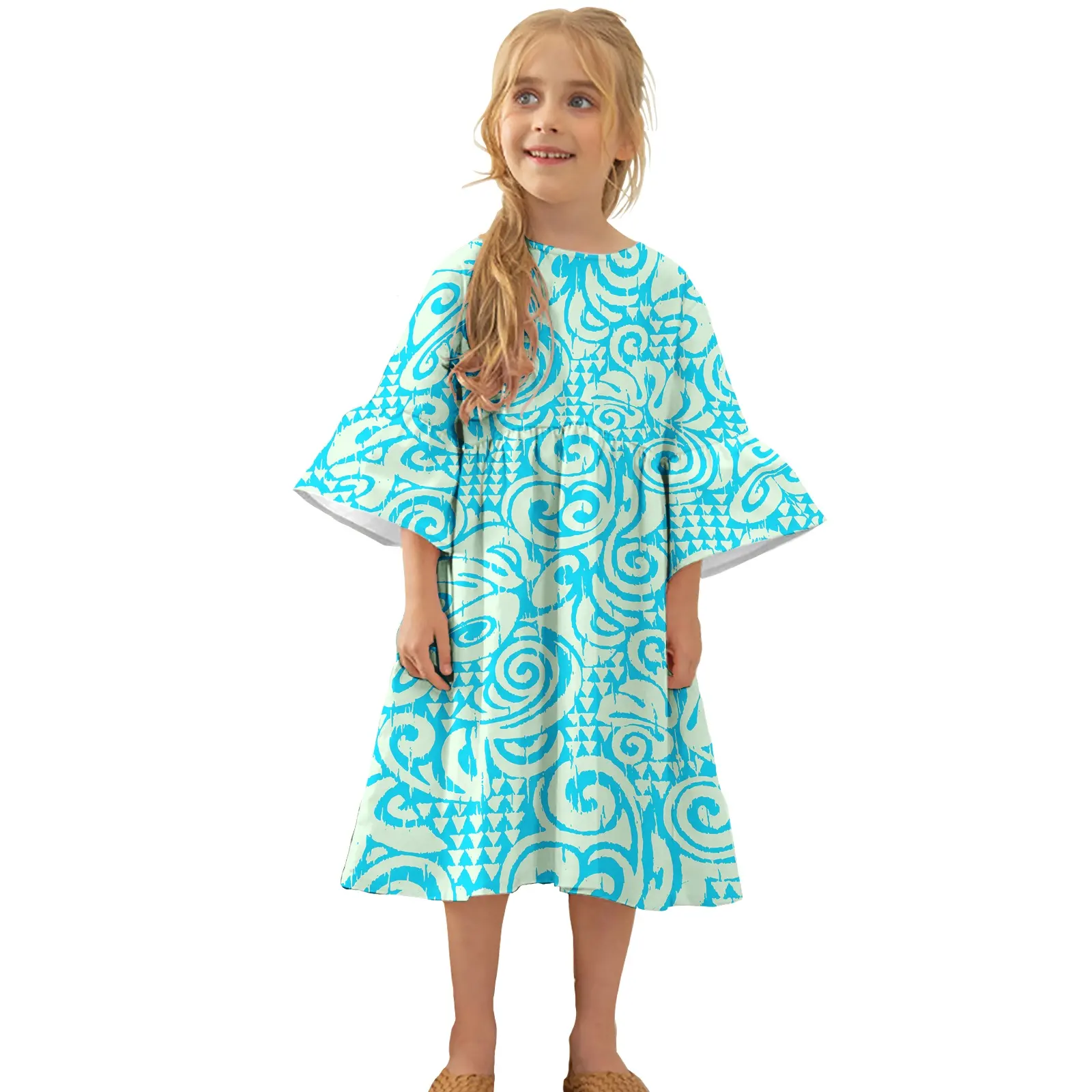 Top Quality Midi Manga Azul Doce Kid Vestido Para Menina Havaí Floral Impresso Casual Criança Polinésia Tribal Roupas Infantis