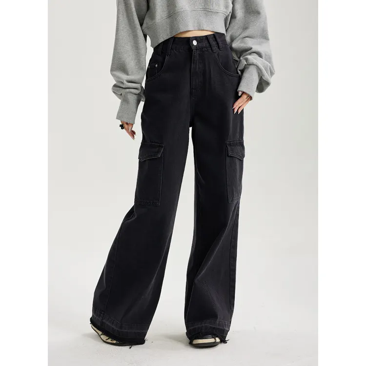 Printemps et été nouvelles poches de jeans haut caractère coton lavé taille haute mince rue épicée fille pantalon femmes pantalons