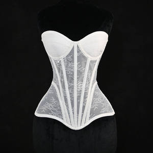Corsetto Sopraseno <span class=keywords><strong>Sexy</strong></span> in Pizzo Floreale con Stecche in Acciaio e Scollo a V, Bustier Velato da Donna in Tinta Unita per Feste - Product Image 1