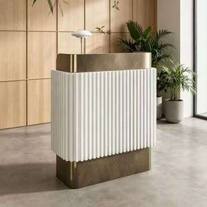 Comptoir de réception d'hôtel de luxe, comptoir avant en acier inoxydable et bois massif, mobilier de hall moderne personnalisable - Product Image 5